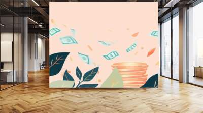 Money Growth Concept with Falling Bills and Coins - An illustration representing financial growth with coins and bills falling and stacking on top of each other. The illustration is on a pink backgrou Wall mural