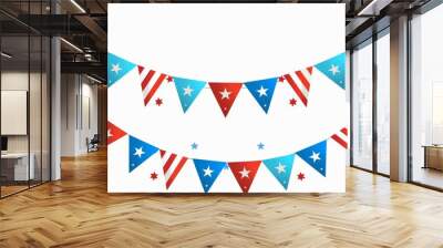 Patriotic bunting flags in red, blue, white - A festive decoration featuring strings of triangular bunting flags in a patriotic red, blue, and white color scheme with stars Wall mural