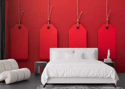 Red tags hanging against a red background - Four blank red tags suspended against a matching red backdrop symbolizes sales, identity, and branding Wall mural