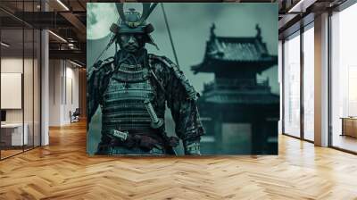 Samurai warrior in traditional armor at night - A stoic samurai in authentic armor standing under a full moon, giving off a sense of ancient warrior culture and tradition Wall mural