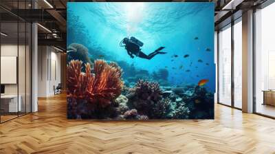 Scuba diving in the tropical coral reef of the Red Sea. Wall mural