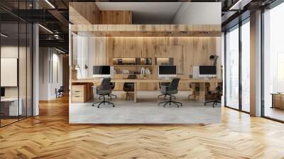 Sleek contemporary office with wood accents - Spacious and minimalist office setting with elegant wood finishes and transparent cubicles, embodying modern corporate design Wall mural