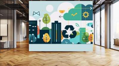 Smart City and Sustainable Future: Green Technology and Innovation - A vibrant illustration depicting a smart city, highlighting green technology, sustainability, and innovation for a better future. - Wall mural