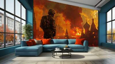 Soldier silhouette before fiery backdrop - A dramatic composition featuring a soldier's silhouette with a burning cityscape, highlighted by iconic Russian architecture Wall mural