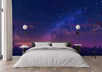 Starry purple night over urban cityscape - A digital image capturing the essence of an urban expanse under a captivating star-filled purple night sky Wall mural