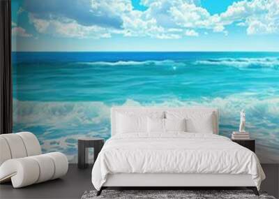 Sunny beach with clear turquoise waters - A pristine beach scene with sunlit waves, fluffy clouds, and clear blue sky, invoking a sense of peace and relaxation Wall mural