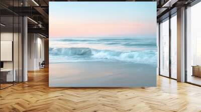 Tranquil Ocean Waves at Sunrise - A serene sunrise over the ocean with gentle waves crashing on the sandy shore. The soft pastel colors create a calming atmosphere. - A serene sunrise over the ocean w Wall mural