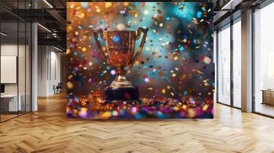 Trophy amidst glittering confetti celebration - A shimmering trophy stands victorious surrounded by a colorful, blurry burst of confetti and sparkles Wall mural