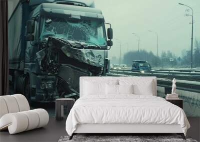 Truck crash on snowy roadside with damage - Stark image of a badly damaged truck after an accident on a snow-covered road, contrasting safety and risk in transport Wall mural