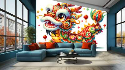 Watercolour cute Chinese dragon dance isolated on transparent background. Chinese new year Lunar collection. Wall mural