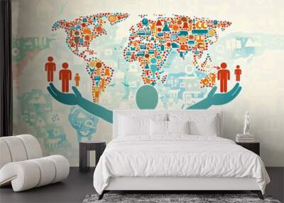 World map with human activity and connectivity icons - Illustration of a global map created by various people, activity, and connectivity symbols depicting globalization Wall mural