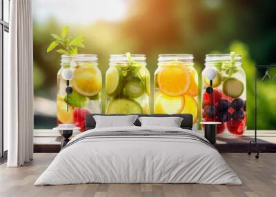 fresh beverage with fruits on nature background Wall mural