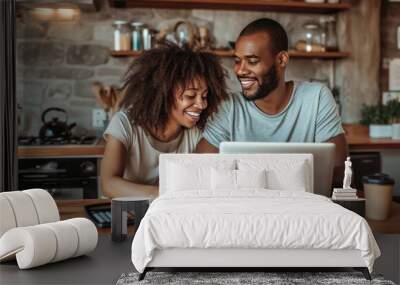 A couple is planning a budget at the kitchen table. Smiling man Wall mural