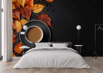 A cup of coffee and maple leaves top view. Autumn flat lay on a dark background with a place for text. AI generative Wall mural