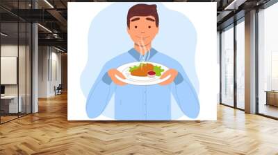 A man sniffs fresh tasty food. Vector flat illustration isolated on white background Wall mural