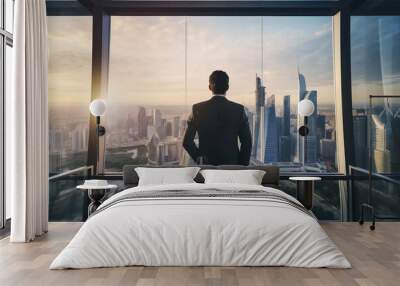 A successful businessman in a suit looks out the window at the c Wall mural