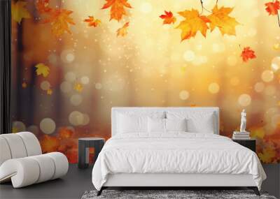 Autumn background with a falling leafs in a red and orange colors Wall mural