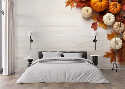 Autumn simple background with a pumpkins and fall leaves. AI generated Wall mural