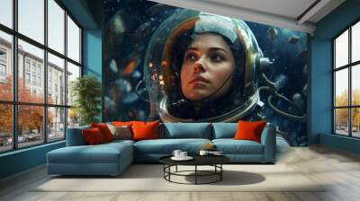 Beautiful young woman in a space suit in space. AI generated Wall mural