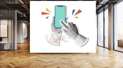 Black and white hands in a white shirt holding a phone with a empty screen. Illustration on transparent background in a modern collage style Wall mural