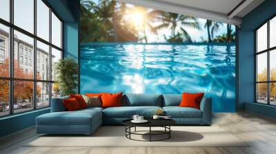 Blue water surface of a swimming pool on a sunny day with palm trees in the background. Summer holiday in a luxury hotel. AI generative Wall mural