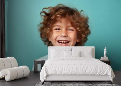 Caucasian smiling boy studio portrait, simple background. AI gen Wall mural