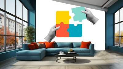 Collage of hands putting together puzzles Wall mural