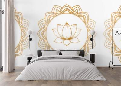 Golden elephant head, lotus flower and hands in mudra Namaste in an round ornate frames in outline style. Vector illustration isolated on a white background Wall mural