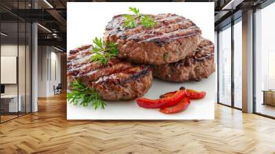 Grilled hamburger meat cutlet isolated on white background. AI generative Wall mural