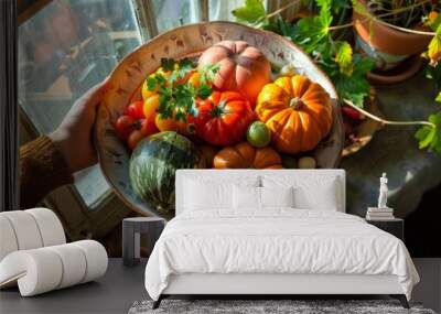 Hands holding big plate with different fresh farm vegetables. Autumn harvest and healthy organic food concept. AI generative Wall mural