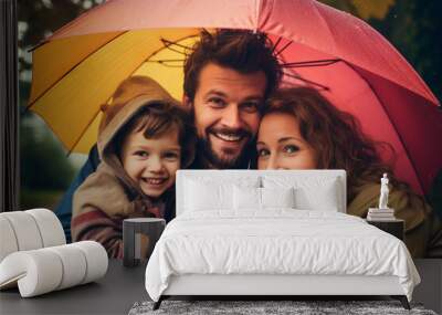 Happy family under umbrella in a rainy day. Outdoor portrait. AI generated Wall mural