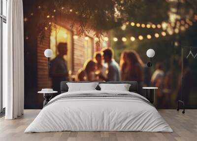 Outdoor party with lamp garlands and many people silhouettes blurred image Wall mural