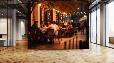 People have dinner in a street restaurant. Evening cafe with a warm garlands. AI generative Wall mural