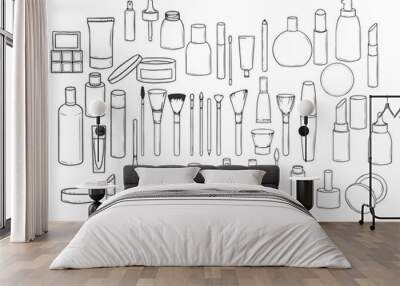 Set of hand-drawn cosmetics. Collection of jars, tubes and bottles in doodle style. Illustration on transparent background Wall mural