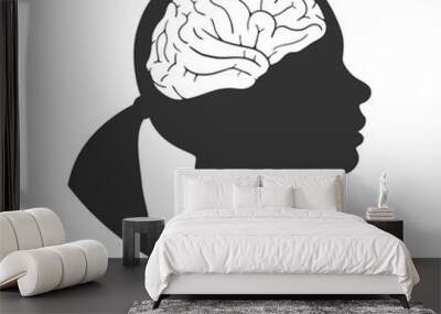 Silhouette of a woman with a brain shape isolated on white background. Vector illustration Wall mural