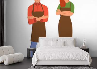 Smiling man and woman in an aprons. Illustration on transparent background Wall mural