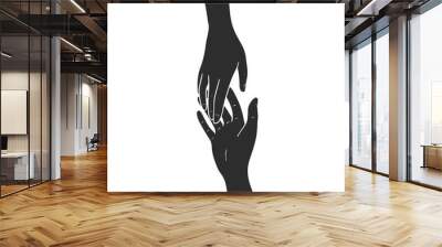 Two hands are drawn to each other. Hands touch. Black silhouettes isolated on white background. Vector illustration Wall mural