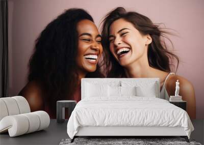 Two happy friends. Women laugh. AI generated Wall mural