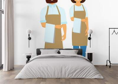 Waiters, girls and men with towels on their hands. Vector flat illustration Wall mural