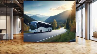 White travel bus on a beautiful highway. AI generated Wall mural