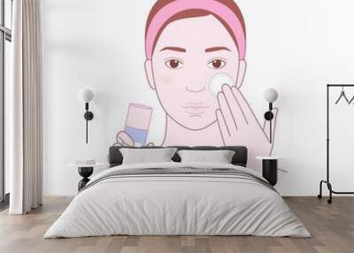 Young beautiful woman wipes her face with a sponge. Makeup remover. Vector illustration isolated on white background Wall mural