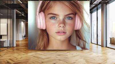  A close-up portrait of a young girl with blonde hair and blue eyes, wearing pink headphones. The focus is on her face, with soft natural light highlighting her freckles and delicate features.  Wall mural