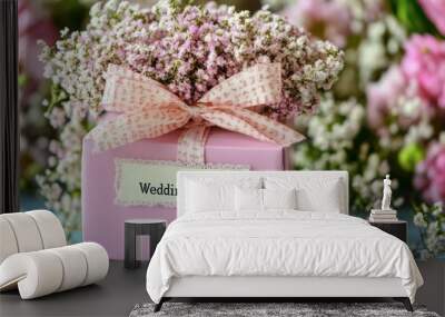 A beautifully wrapped wedding gift adorned with a ribbon and a small bouquet of white and pink flowers. The gift is set against a blurred background of more flowers, creating a delicate and festive sc Wall mural