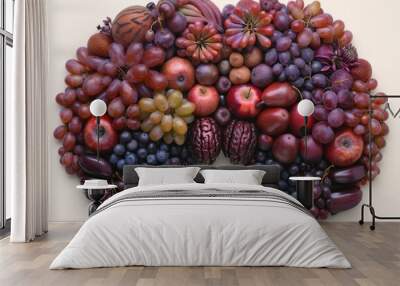 A vibrant collection of various fruits arranged to form the shape of a human brain, symbolizing the concept of healthy eating and brain food. The fruits include grapes, apples, berries, and more. Wall mural