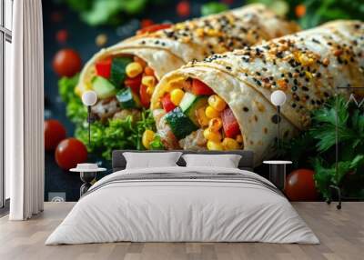 Two Turkish döner kebab wraps filled with fresh vegetables, corn, and meat, garnished with sesame seeds. The background shows a variety of fresh ingredients like cherry tomatoes and herbs. Wall mural