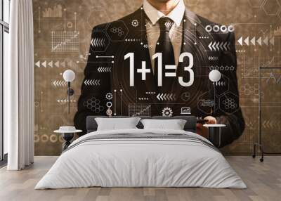 1 plus 1 equal 3 with businessman holding a tablet computer on a dark vintage background Wall mural