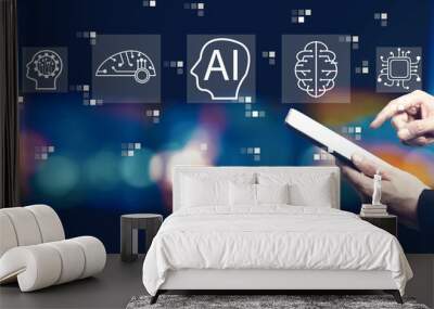 AI concept with businessman using a tablet computer at night Wall mural