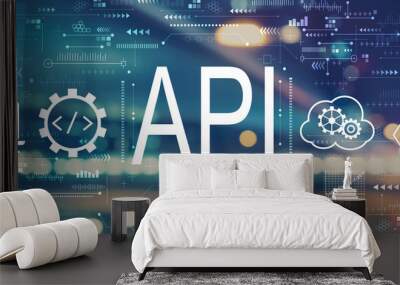 API - application programming interface concept with blurred city abstract lights background Wall mural