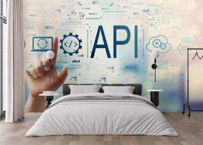 API - application programming interface concept with hand pressing a button on a technology screen Wall mural