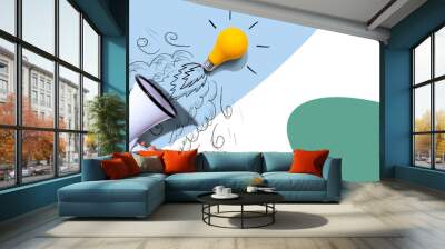 Attention and announcement concept with an idea light bulb flying to the sky like a rocket - Flat lay Wall mural